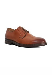 Brown leather lace-up dress shoe with a rounded toe, smooth texture, a thin stitched outline, and a stacked wooden heel.