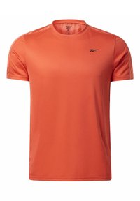 Camiseta deportiva de mangas cortas en naranja brillante, hecha de tejido ligero, con un cuello redondo y un logo negro en el pecho.