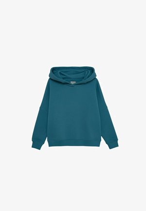 Morsko-niebieska kangurka z kapturem, długimi rękawami, ściągaczami na mankietach i prostym dołem, pokazana na płasko na białym tle.