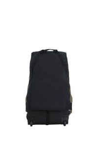 Rolling backpack with a black fabric exterior and olive green accents, featuring a sturdy handle and two wheels at the bottom for mobility.