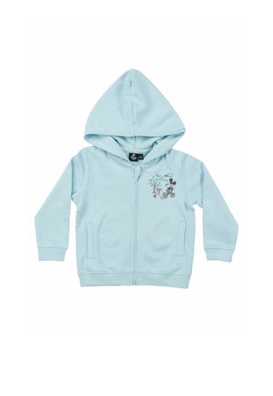 Light blue children's zip-up hoodie with front pockets and a "Best of friends" Mickey Mouse and deer graphic on the chest.