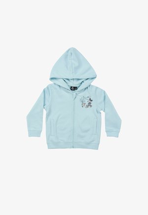 Felpa con cappuccio per bambini azzurra chiaro con zip, tasche anteriori e grafica "Best of friends" con Topolino e cervo sul petto.