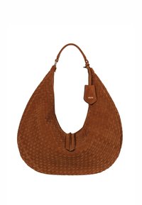 Braune Schultertasche aus gewebtem Veloursleder mit geschwungener Form, verstellbarem Riemen und kleinem Lederetikett mit Markenlogo.