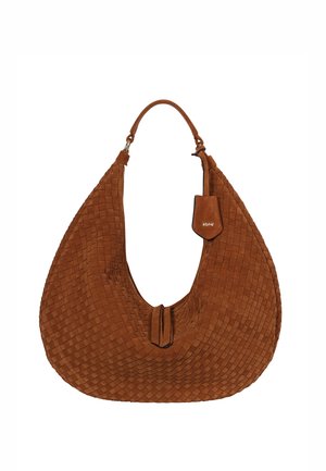 Braune Schultertasche aus gewebtem Veloursleder mit geschwungener Form, verstellbarem Riemen und kleinem Lederetikett mit Markenlogo.