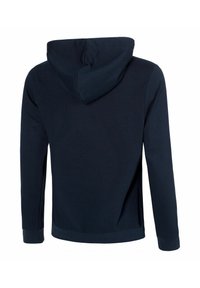 Felpa blu navy con cappuccio regolabile, maniche lunghe, bordo a coste e texture liscia, mostrata dal retro senza alcun abbellimento.