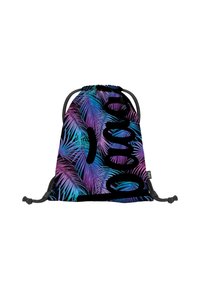 Sack mit Kordelzug auf schwarzem Hintergrund, der lebendige lila und tealfarbene Palmenblätter sowie fettgedruckten schwarzen Text zeigt. Der Text lautet "Strand."