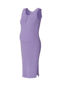 Lila ribbad gravidklänning med ärmlös design, rund halsringning, femknapps upptäckare och sidoventiler för komfort och rörlighet.