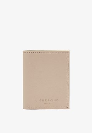 Beige leather wallet with a textured finish. Features embossed brand name on the front and minimalist design. Stitched edges for durability.