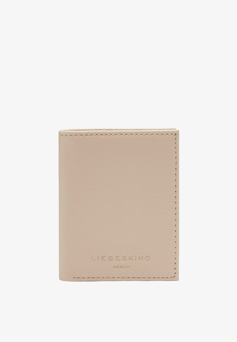 Beige leather wallet with a textured finish. Features embossed brand name on the front and minimalist design. Stitched edges for durability.
