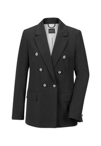 Schwarze, taillierte Doppelreiher-Blazer aus Satin, mit silbernen Knöpfen, Reverskragen und zwei Fronttaschen. Strukturiertes Design mit maßgeschneiderter Passform.