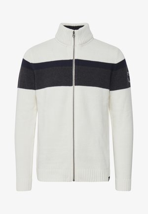 Pletený svetr na zip v krémové barvě s tmavě námořnickými vodorovnými pruhy, s žebrovaným límcem, manžetami a spodním lemem, se znakem na rukávu.