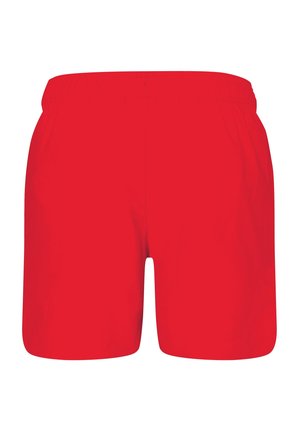 Red swim shorts with an elastic waistband, made from lightweight fabric, featuring a simple, solid color design with no additional accents.
