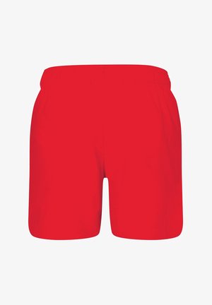 Κόκκινα μαγιό κοντά με ελαστική μέση, κατασκευασμένα από ελαφρύ ύφασμα, με απλό, μονόχρωμο σχέδιο χωρίς επιπλέον λεπτομέρειες.