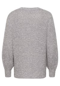 Pull en tricot gris avec un motif texturé, épaules tombantes et poignets côtelés. Doté d'un col rond et d'une coupe décontractée. Vue de dos montrée.