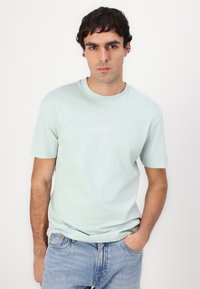 Mintgrøn crew neck t-shirt med korte ærmer, der har et lille hvidt tekstlogo på brystet. Blødt bomuldsstof, afslappet pasform.