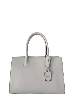 Graue Lederhandtasche mit doppelten Griffen und einem hängenden Etikett mit der Aufschrift GMV Gianmarco Venturi.