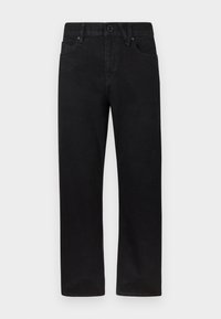Jeans de denim negro con diseño de pierna recta, cierre de botón y dos bolsillos delanteros. El material tiene un acabado suave y ligeramente texturizado.