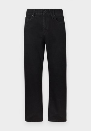 Jean en denim noir avec une coupe droite, fermeture à bouton et deux poches avant. Le matériau a une finition lisse et légèrement texturée.