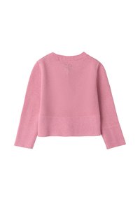 Maglione rosa lavorato a maglia con collo rotondo a coste, maniche lunghe, corpo testurizzato e un sottile dettaglio decorativo sul retro.