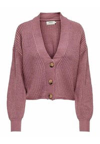 Mauve gruby sweter kardigan z trzema brązowymi guzikami, dekolt w serek, długie rękawy oraz ściągacze przy rękawach i u dołu.