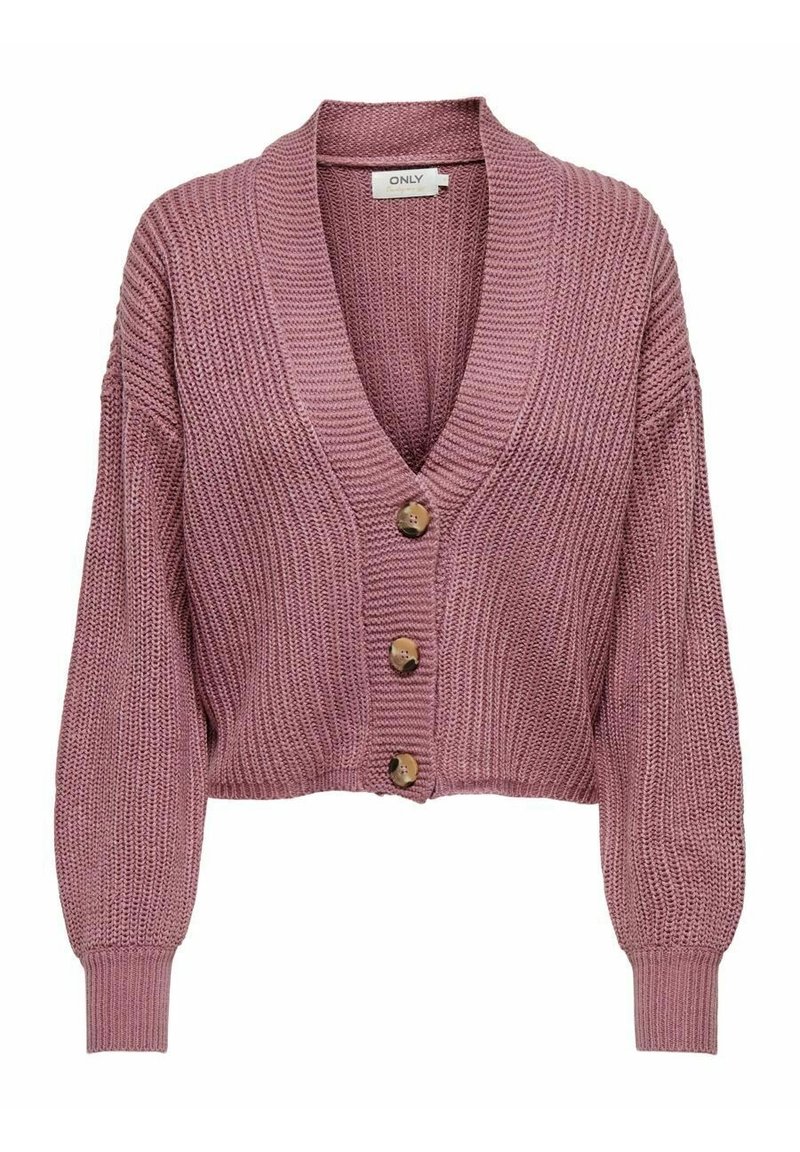 Mauve gruby sweter kardigan z trzema brązowymi guzikami, dekolt w serek, długie rękawy oraz ściągacze przy rękawach i u dołu.