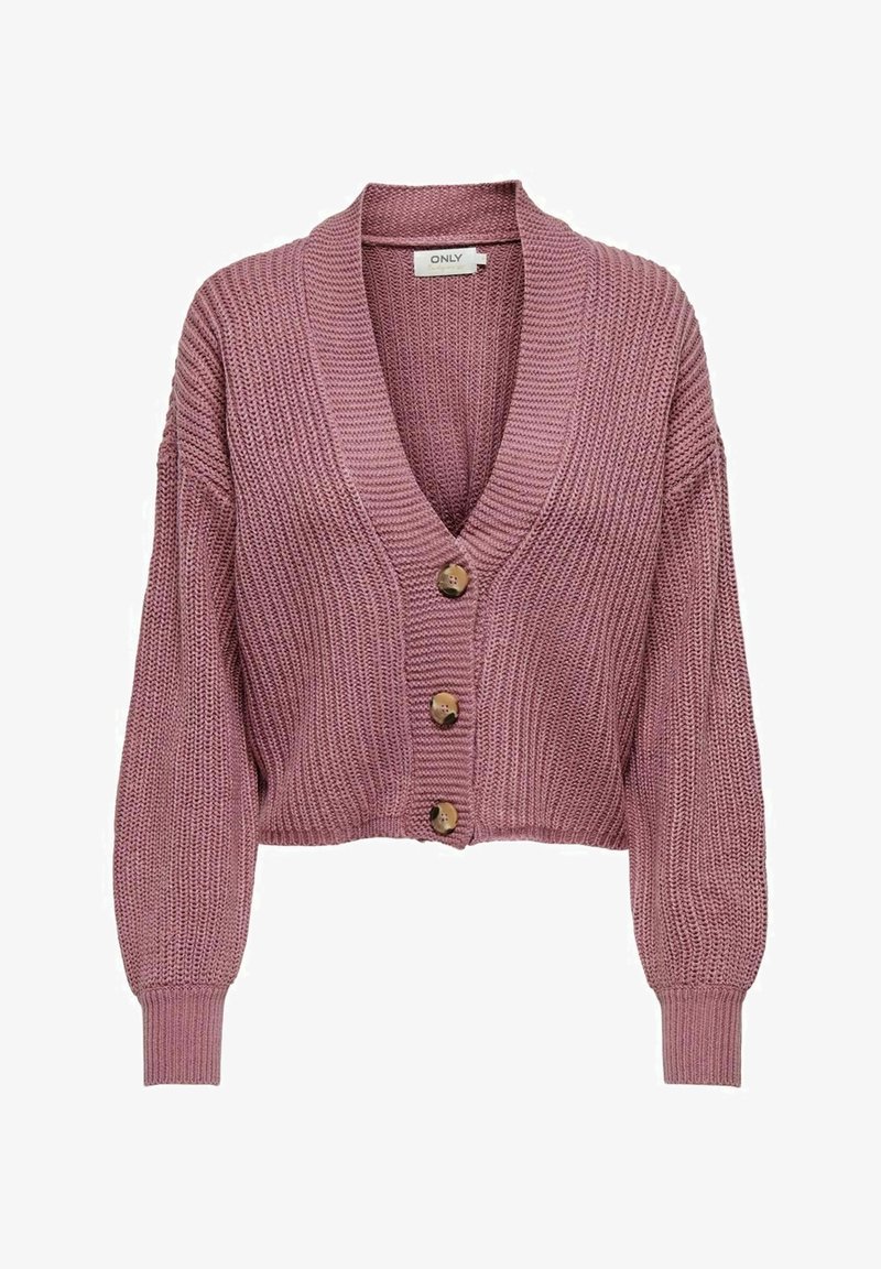 Mauve gruby sweter kardigan z trzema brązowymi guzikami, dekolt w serek, długie rękawy oraz ściągacze przy rękawach i u dołu.