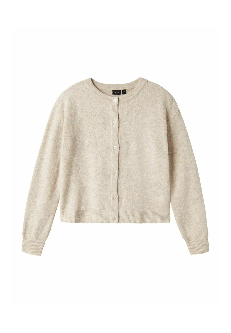 Cardigan court beige clair en tricot doux, avec un col rond, une fermeture à boutons et des poignets et un ourlet côtelés.