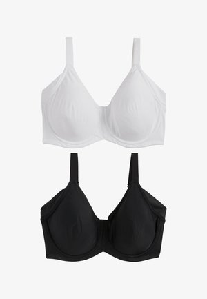 Dve bezšvové podprsenky s kosticou, jedna biela a jedna čierna, zobrazené na jednoduchom bielom pozadí.