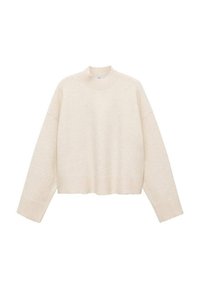 Cremfarbener Pullover aus weichem Material, mit hohem Kragen, überschnittenen Schultern und einem kurzen Design mit gerippten Säumen.