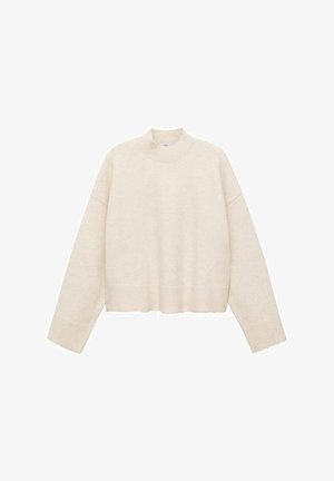 Krémový pulover zo širokého materiálu, s vysokým golierom, spadnutými ramenami a skráteným strihom s rebrovanými lemami.