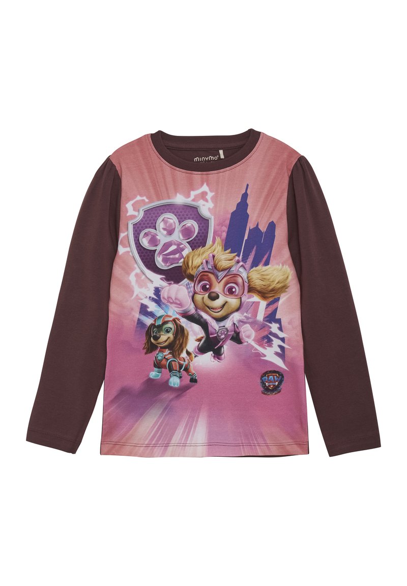 Chemise à manches longues avec un graphisme rose présentant deux chiens de dessin animé en action. La couleur principale est un marron profond sur les manches. Tissu doux et léger.