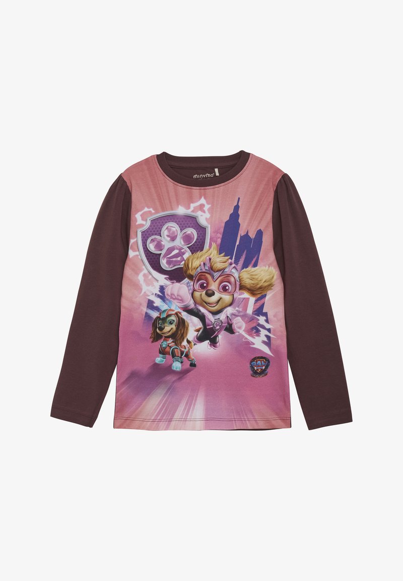 Koszulka z długim rękawem w kolorze różowym z grafiką przedstawiającą dwa rysunkowe psy w akcji. Głównym kolorem na rękawach jest ciemny brąz. Miękki, lekki materiał.