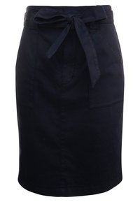 Námořnická bavlněná sukně s rovným střihem, předními kapsami a opaskem uvázaným v pase. Hladká textura s klasickým, minimalistickým designem.