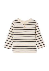 Striped long-sleeve top in cream and navy, ribbed texture, round neckline, three wooden buttons at placket, casual fit.