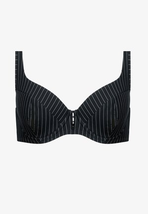 Czarny stanik w biały prążek, o moldowanej konstrukcji, gładkiej fakturze i centralnym zapięciu między miseczkami. Szerokie ramiączka.