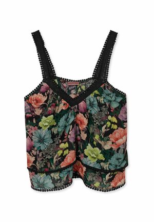 Čierny kvetinový crop top s ružovými, modrými a zelenými kvetmi, vrstveným lemom a čiernymi čipkovými ramienkami a obšitím.