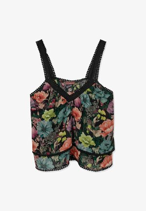 Czarny krótki top w kwiaty w kolorach różu, niebieskiego i zielonego, z warstwowym dołem oraz czarnymi koronkowymi ramiączkami i wykończeniem.