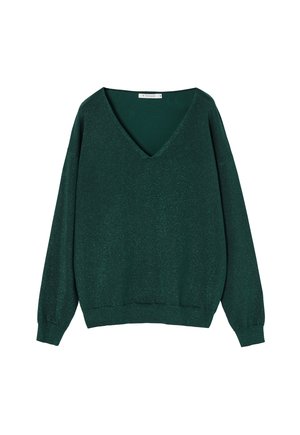 Maglione a V in verde scuro, realizzato in materiale luccicante. Maniche lunghe con polsini aderenti, vestibilità comoda e orlo a coste.