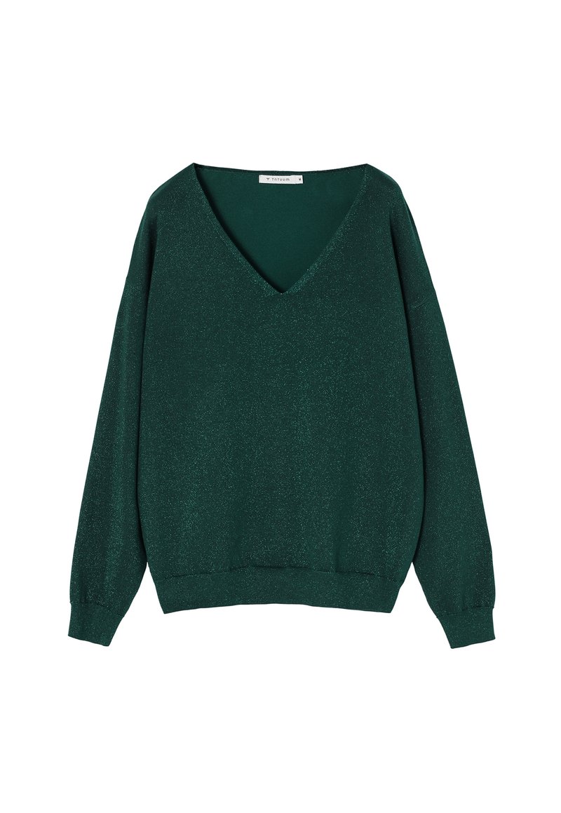 Dunkelgrüner V-Ausschnittpullover aus glitzerndem Material. Lange Ärmel mit engen Bündchen, lässige Passform und gerippter Saum.