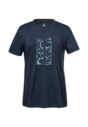 Marineblaues Kurzarm-T-Shirt mit abstraktem blau-weißem topografischem Design und dem Text "Ich bin raus." auf der Brust.