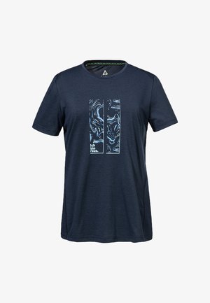 Marineblaues Kurzarm-T-Shirt mit abstraktem blau-weißem topografischem Design und dem Text "Ich bin raus." auf der Brust.