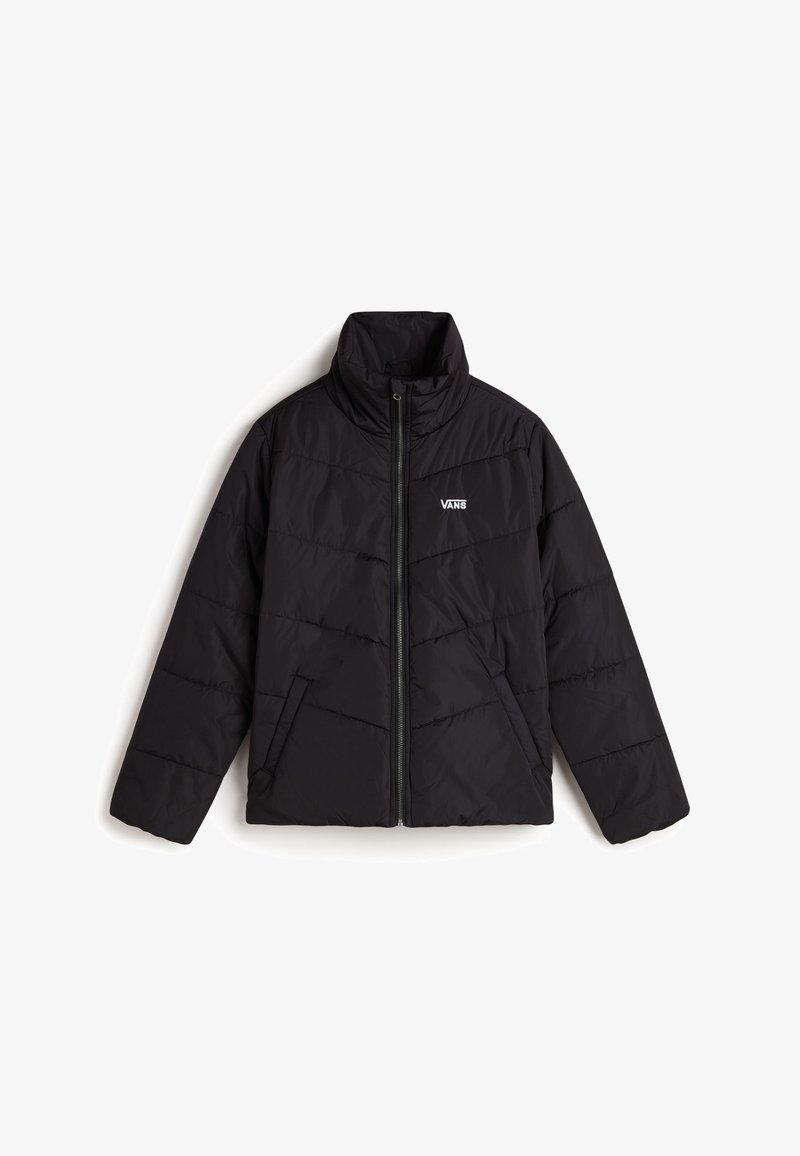 Veste matelassée noire Vans avec col montant, fermeture éclair avant, poches latérales et logo Vans sur la poitrine gauche.