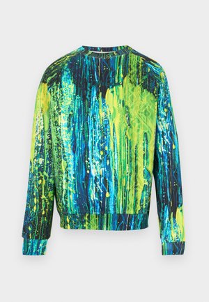Buntes Sweatshirt mit lebendigem blau-grün-gelbem abstraktem Muster. Lange Ärmel mit geripptem Kragen und Saum.