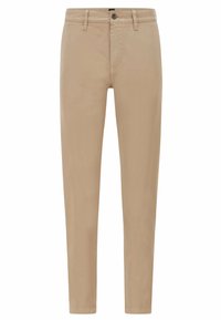 Béžové bavlněné kalhoty s úzkým střihem, zapínáním na knoflíky a předními kapsami. Hladká textura a rovný střih nohavic.