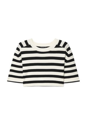 Black and white horizontal striped short-sleeve cropped sweater with round neckline and fitted silhouette.