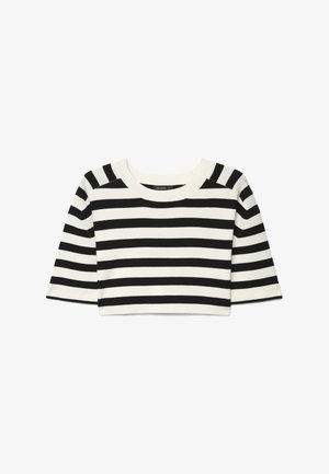 Black and white horizontal striped short-sleeve cropped sweater with round neckline and fitted silhouette.