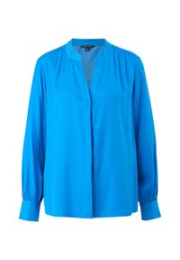 Blusa blu a maniche lunghe con colletto alla mandarino, caratterizzata da una linea dritta e una texture morbida e liscia. Progettata con spalle e polsini arricciati.