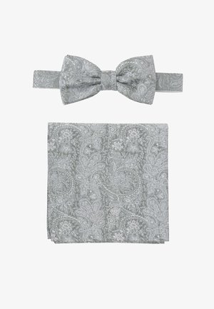 Grau mit Paisleymuster verzierter Fliege mit passendem Pocket Square. Der Stoff weist komplizierte florale Designs und eine strukturierte Oberfläche auf.