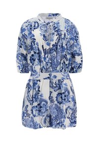 Vestido azul y blanco con un patrón, con mangas abullonadas cortas, una cintura fruncida y un cinturón, que presenta diseños florales y de paisley en una tela ligera.