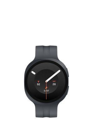 Black smartwatch showing time with white hour and minute hands, orange second hand, step count, heart rate, and date on black digital display.